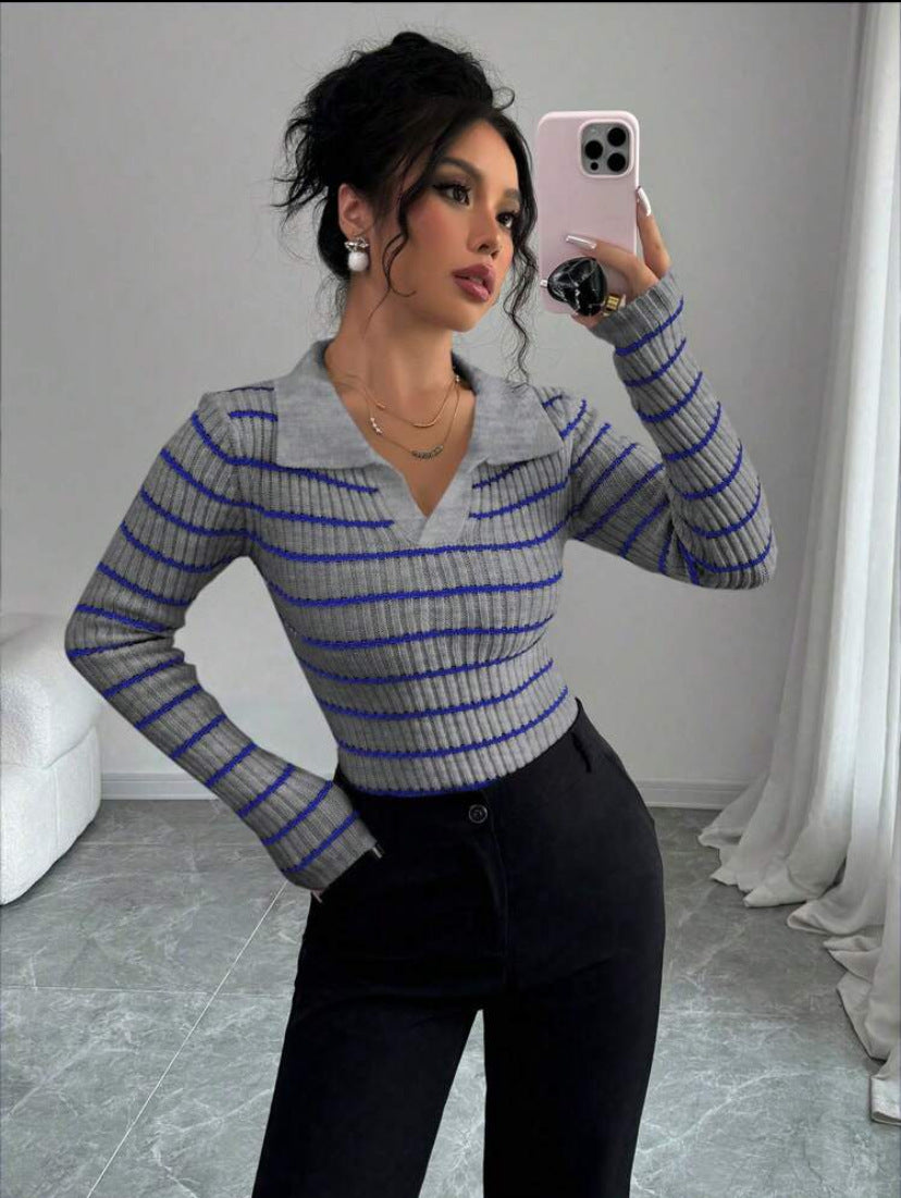 Striped Long Sleeve T-shirt Slim Fit Base Knitting Women