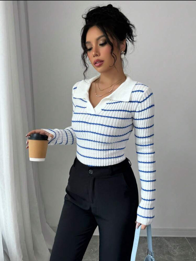 Striped Long Sleeve T-shirt Slim Fit Base Knitting Women