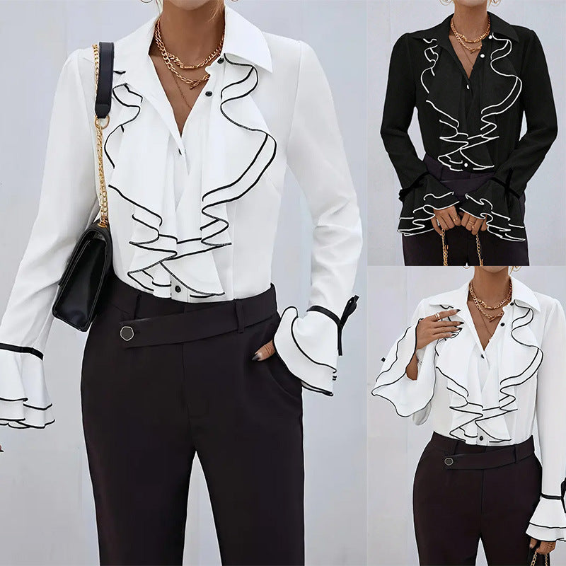 Solid Color Casual Ruffled Flared Sleeve Shirt Top