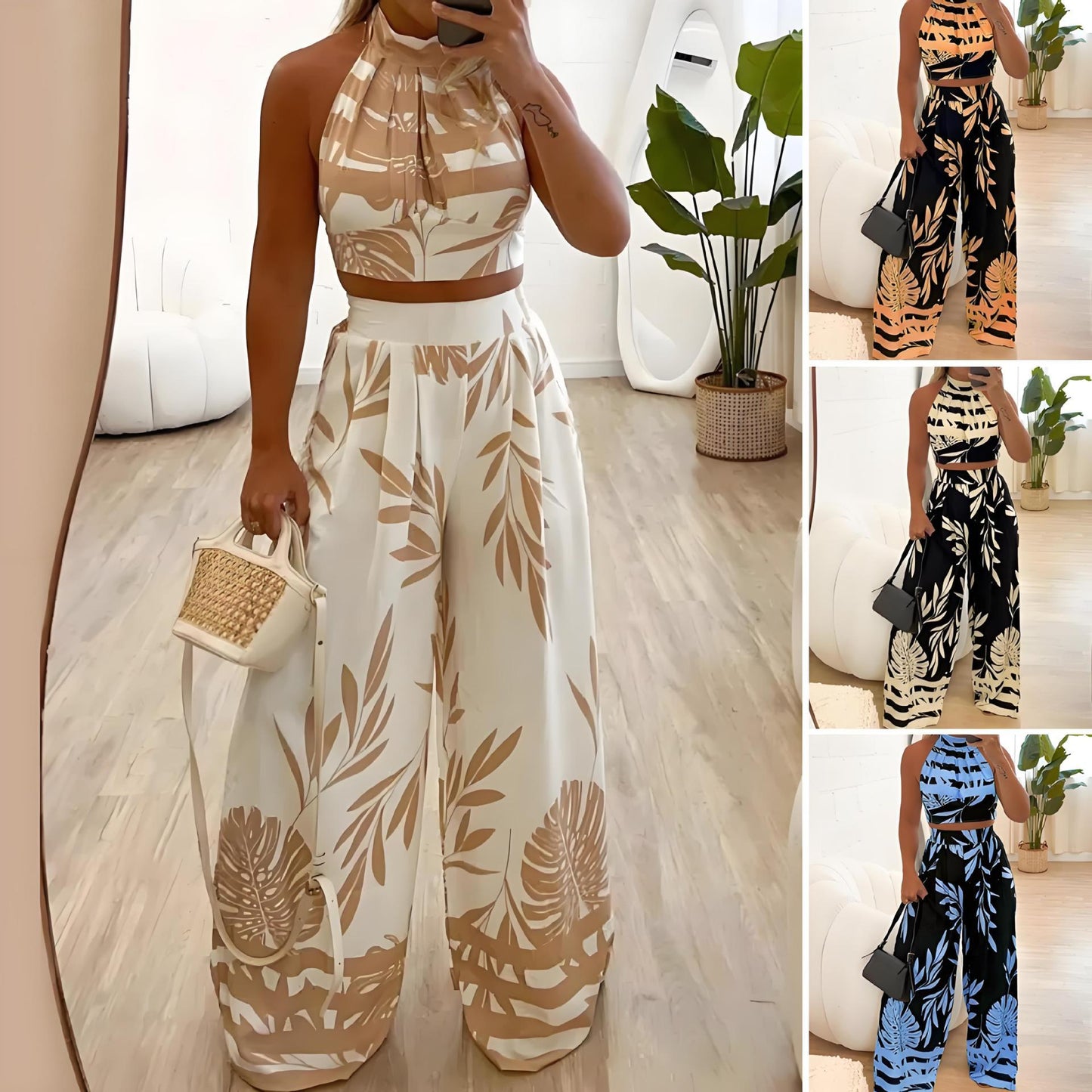 Temperament Printed Halter Backless Straight-leg Pants Two-piece Set