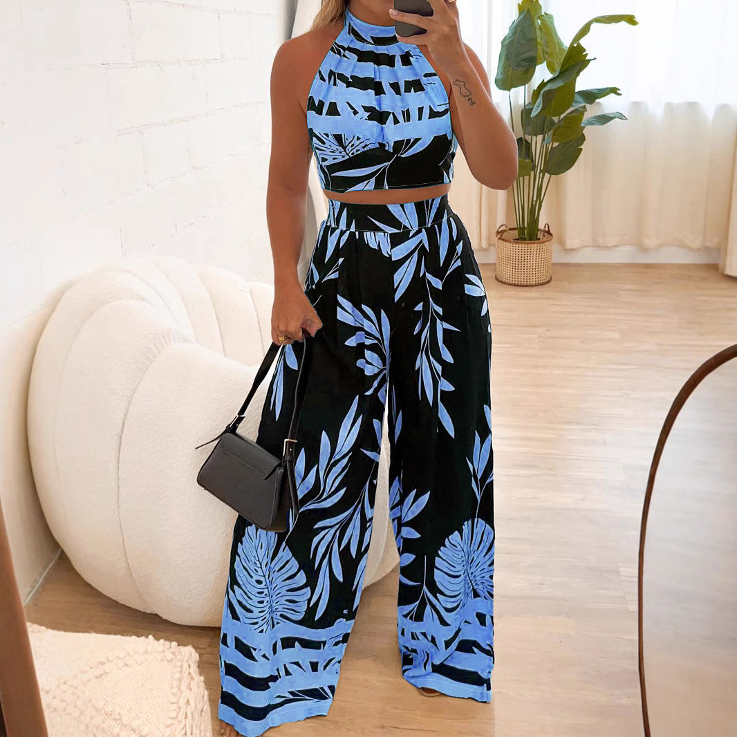 Temperament Printed Halter Backless Straight-leg Pants Two-piece Set