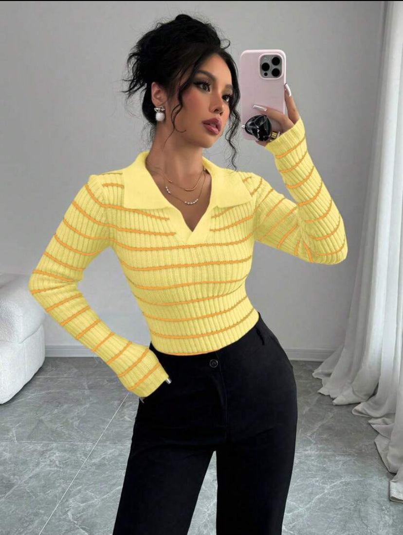 Striped Long Sleeve T-shirt Slim Fit Base Knitting Women