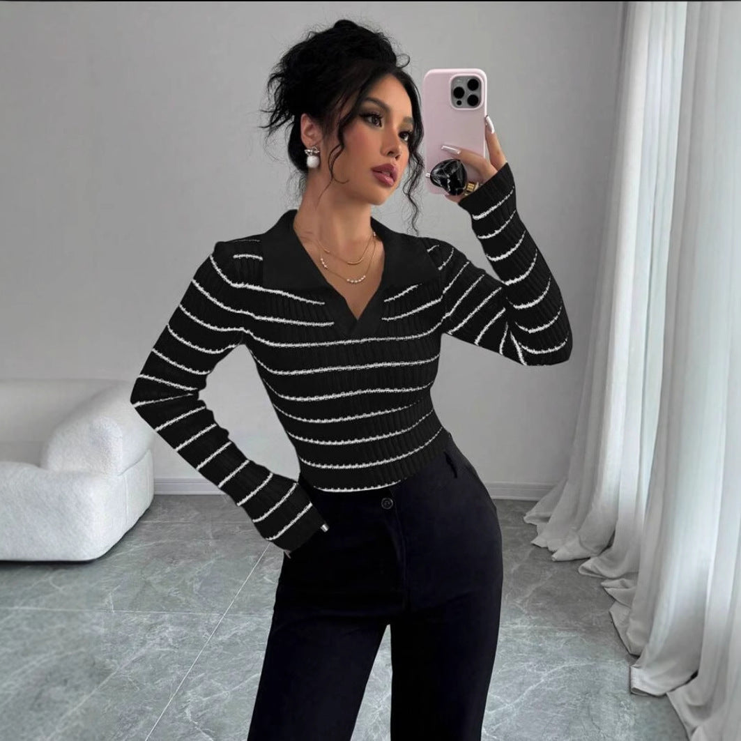 Striped Long Sleeve T-shirt Slim Fit Base Knitting Women