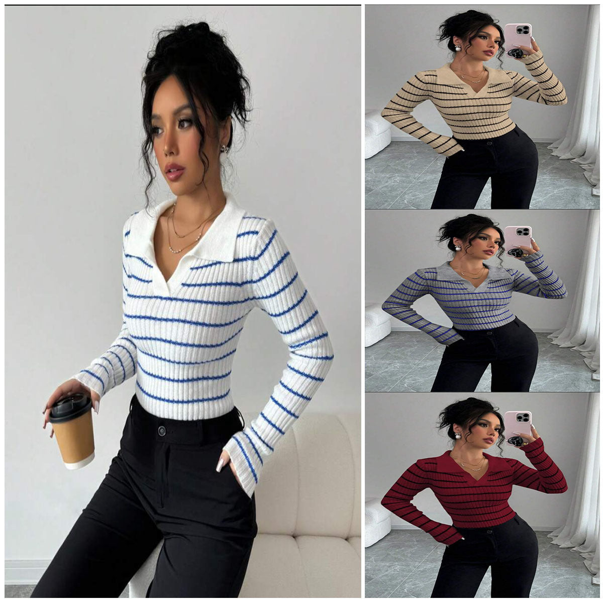 Striped Long Sleeve T-shirt Slim Fit Base Knitting Women
