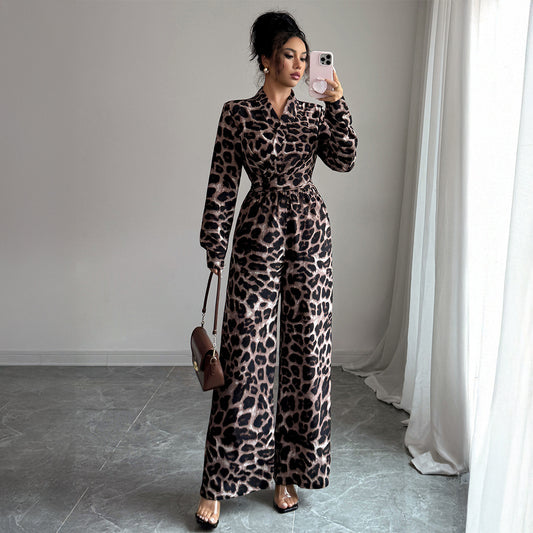 Women's Leopard Print Long Sleeve Wide-leg Jumpsuit