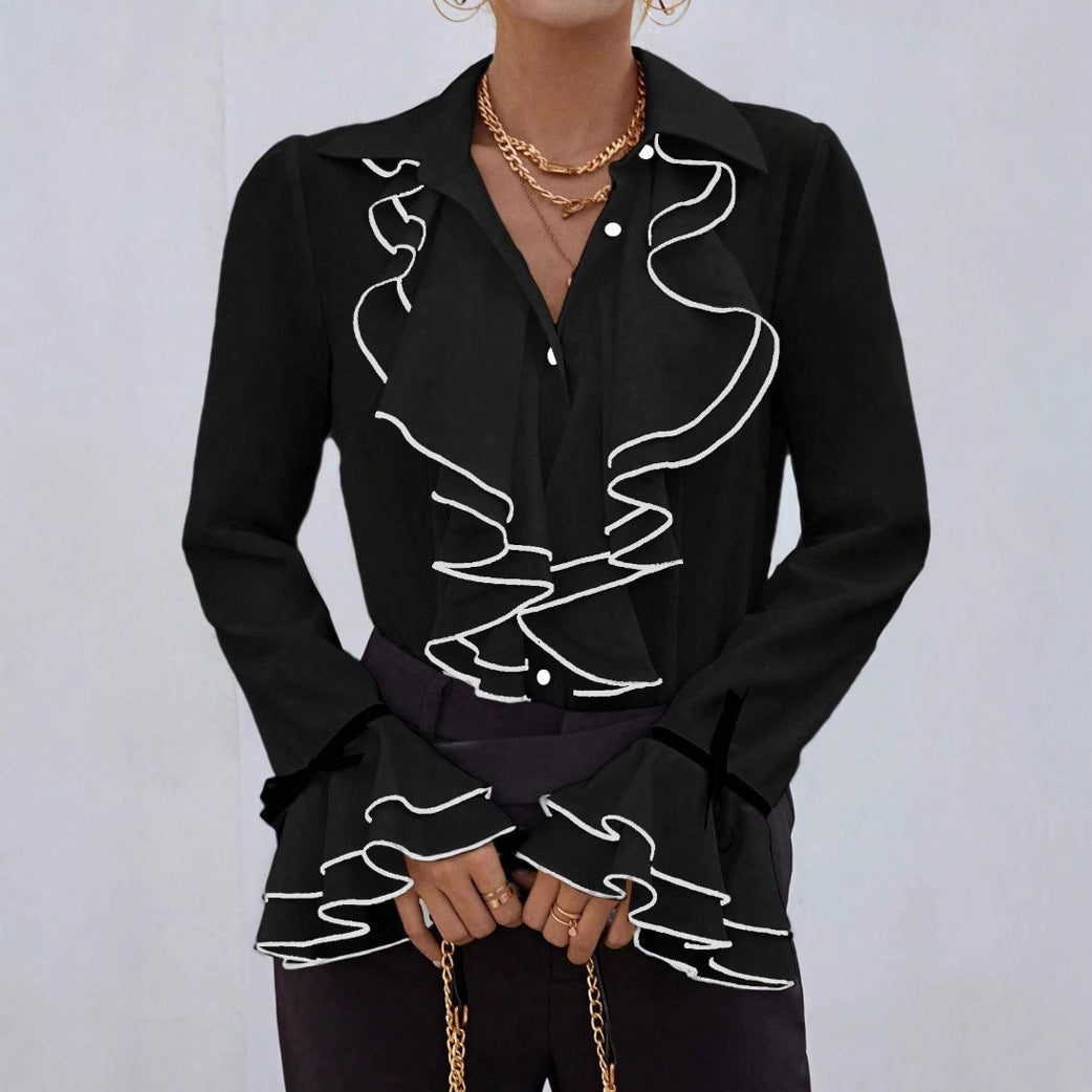Solid Color Casual Ruffled Flared Sleeve Shirt Top