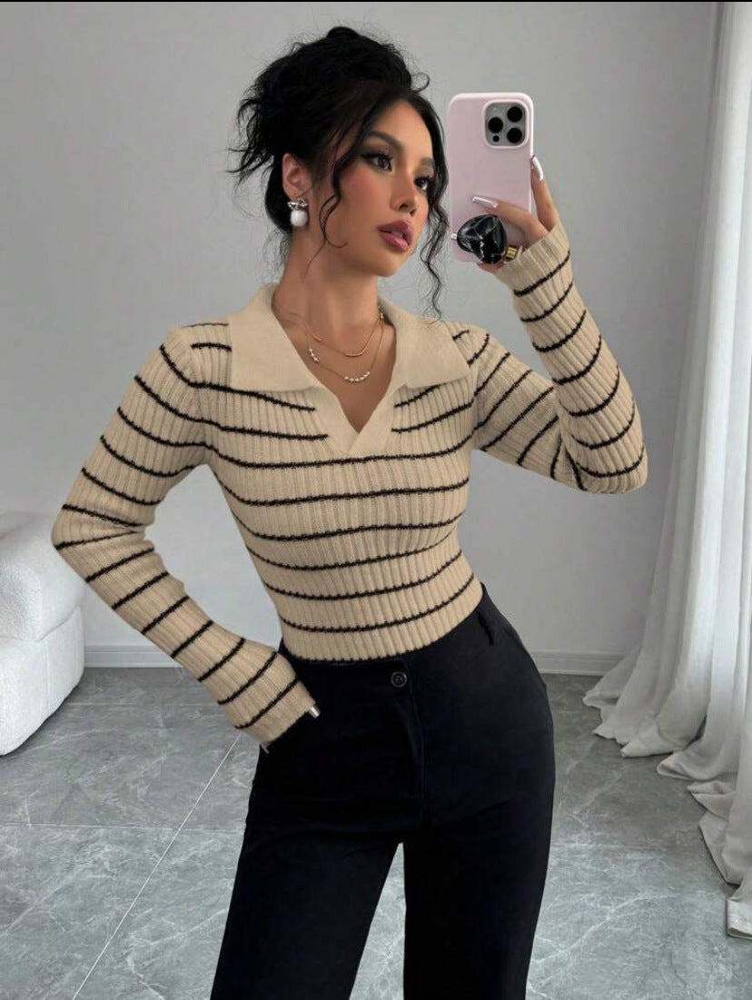 Striped Long Sleeve T-shirt Slim Fit Base Knitting Women