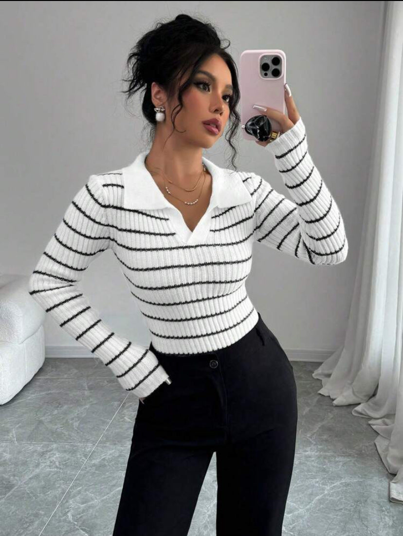 Striped Long Sleeve T-shirt Slim Fit Base Knitting Women