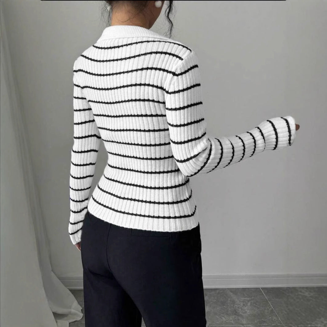 Striped Long Sleeve T-shirt Slim Fit Base Knitting Women