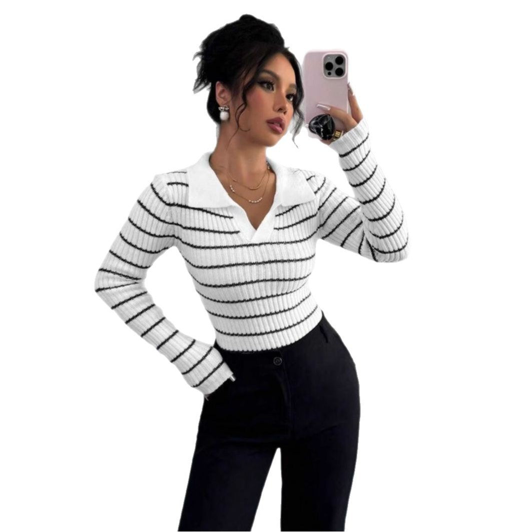 Striped Long Sleeve T-shirt Slim Fit Base Knitting Women