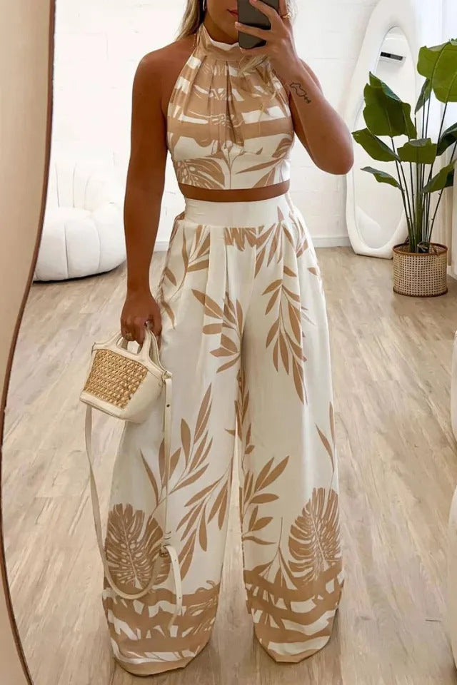 Temperament Printed Halter Backless Straight-leg Pants Two-piece Set
