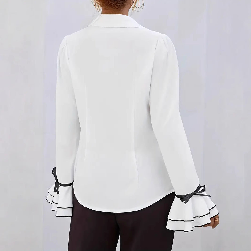 Solid Color Casual Ruffled Flared Sleeve Shirt Top