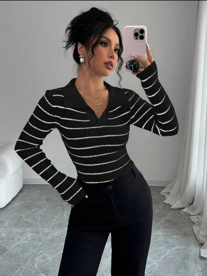 Striped Long Sleeve T-shirt Slim Fit Base Knitting Women