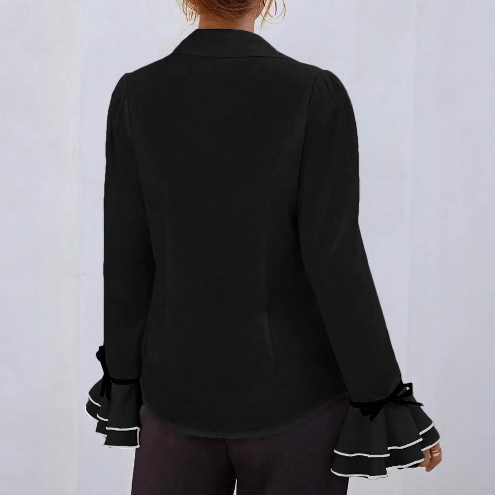 Solid Color Casual Ruffled Flared Sleeve Shirt Top